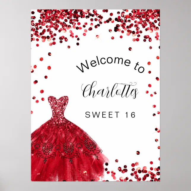 Red white dress Sweet 16 Party welcome Poster | Zazzle