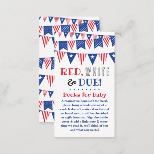 Red White  Due 4th Of July Baby Shower Book Enclosure Card