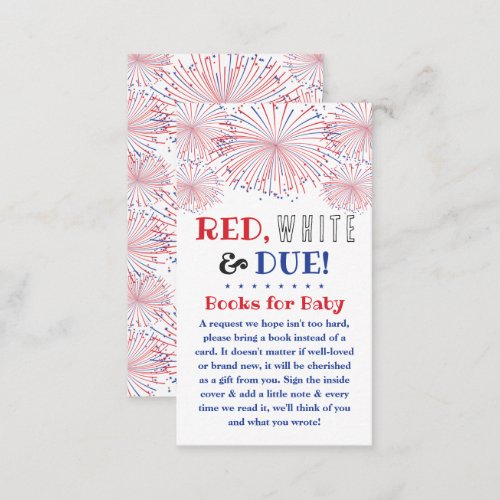 Red White  Due 4th Of July Baby Shower Book Enclosure Card