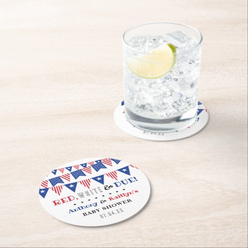Red White  Due 4th Of July Baby Shower Round Paper Coaster