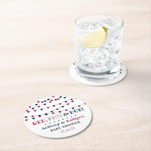 Red, White & Due! 4th Of July Baby Shower Round Paper Coaster (Insitu)