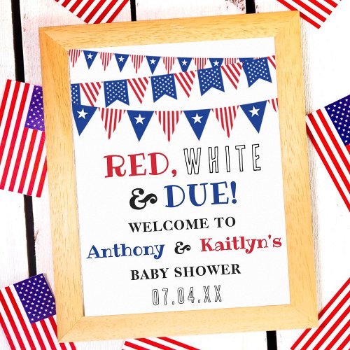 Red White  Due 4th Of July Baby Shower Welcome Poster
