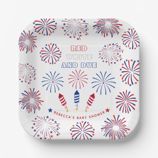 Red White Due 4th of July firecrackers baby shower Paper Plates (Front)