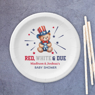 Red White Due Bear 4th Of July Baby Shower Paper Plates