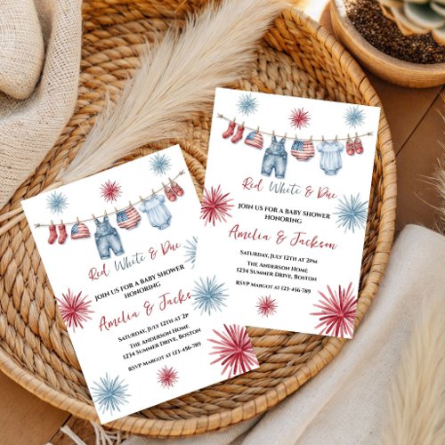 Red White Due Bow 4th of July Theme Baby Shower Invitation