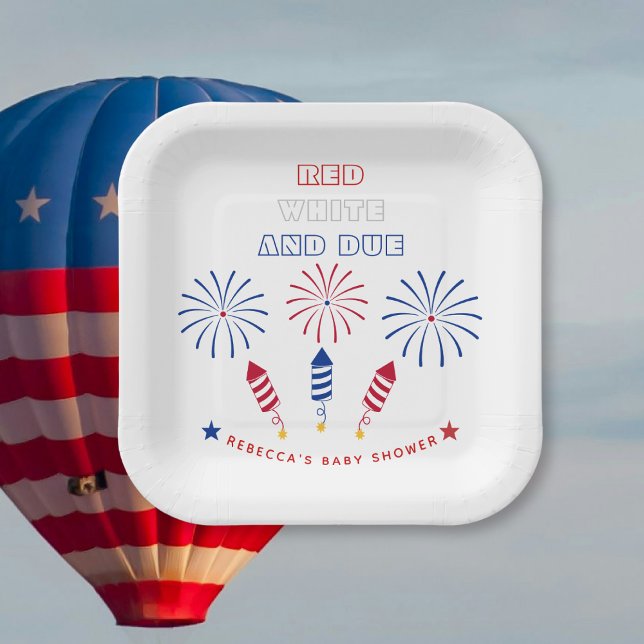 Red White Due Fourth July firecrackers baby shower Paper Plates (Creator Uploaded)