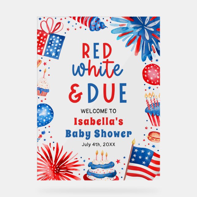Red White & Due Gender Neutral Baby Shower Welcome Acrylic Sign (Front)