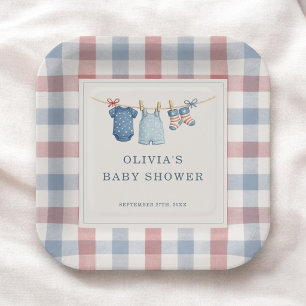 Red White Due Gingham Baby Shower Party Paper Plates