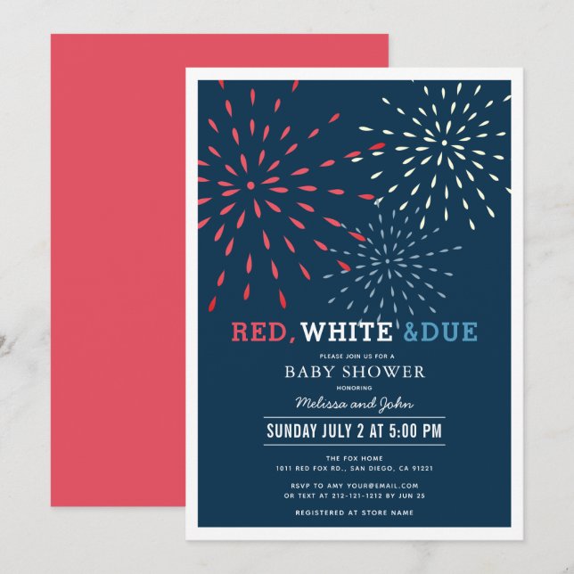 Red, White & Due July 4th Fireworks Baby Shower In Invitation (Front/Back)