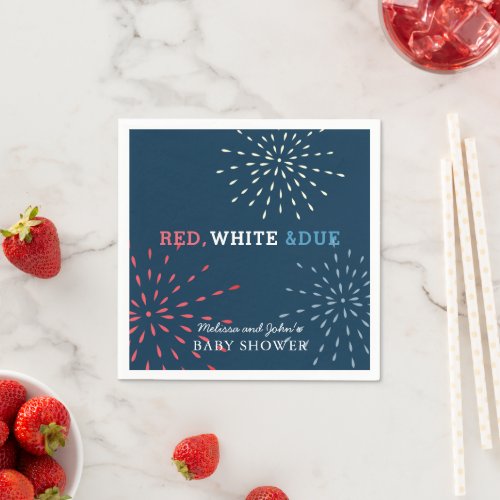 Red White  Due July 4th Fireworks Baby Shower Napkins