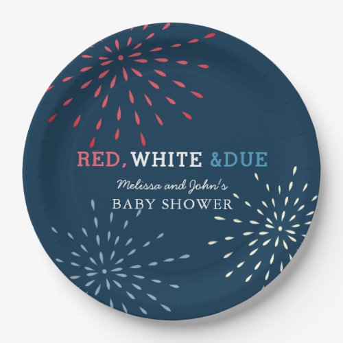 Red White  Due July 4th Fireworks Baby Shower Paper Plates
