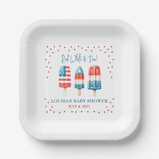 Red, White & Due! Patriotic Popsicle Baby Shower Paper Plates (Front)