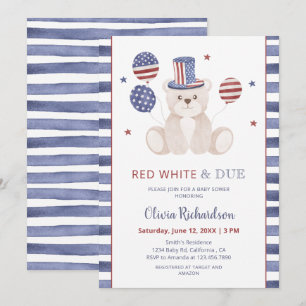 Red White & Due Patriotic Teddy Bear Baby Shower Invitation