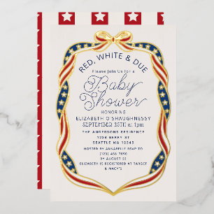Red White & Due Ribbon Gender Neutral Baby Shower Foil Invitation