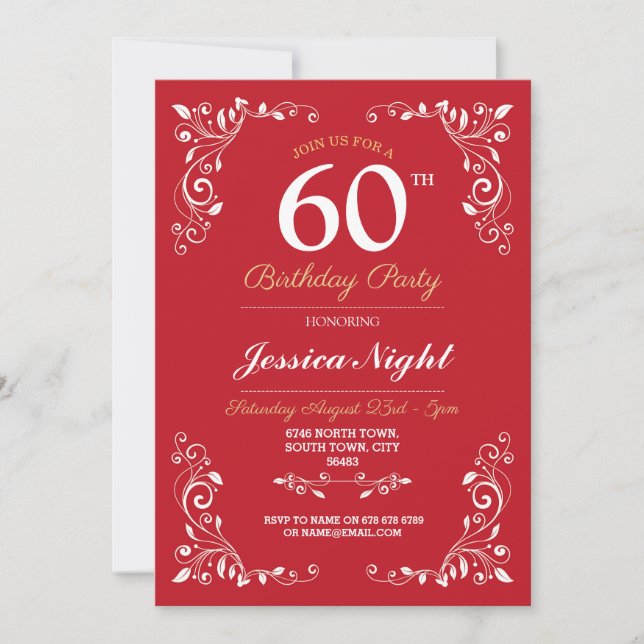 Red White Elegant Birthday Womens Classy 60th Invitation (Front)
