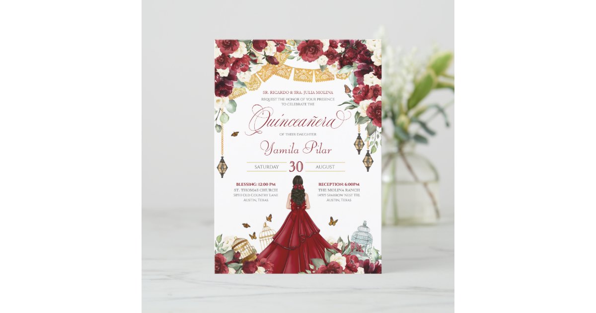 Red White Elegant Floral Butterfly Quinceanera V1 Invitation | Zazzle