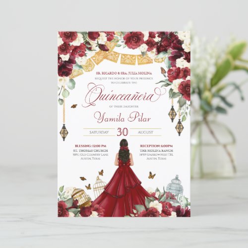 Red White Elegant Floral Butterfly Quinceanera V2 Invitation