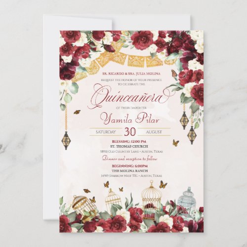 Red White Elegant Floral Butterfly Quinceanera V6  Invitation