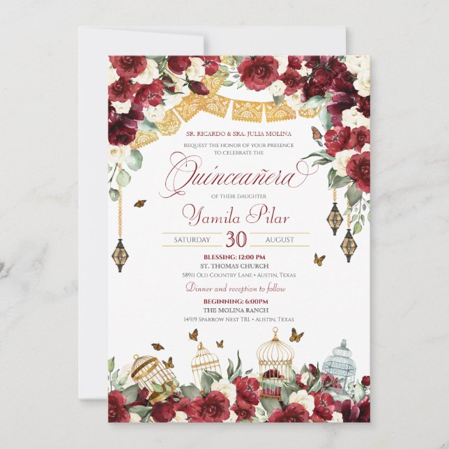 Red White Elegant Floral Butterfly Quinceanera V6 Invitation (Front)