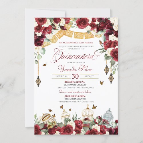 Red White Elegant Floral Butterfly Quinceanera V6 Invitation