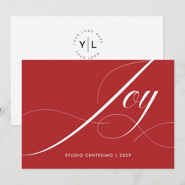 Red White Elegant Modern Joy Corporate Logo Holiday Card (Front/Back)