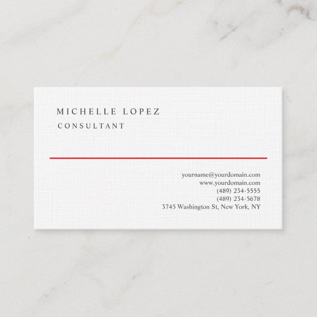 Red White Elegant Plain Professional Linen Business Card (Front)