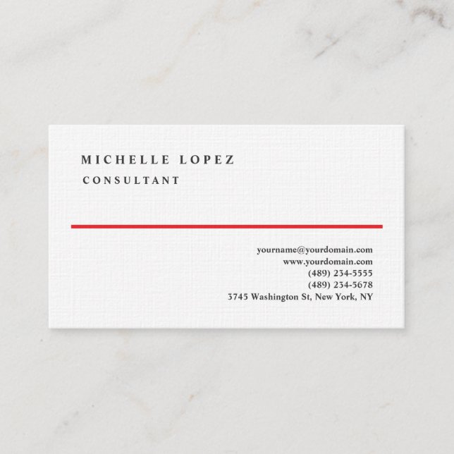 Red White Elegant Plain Professional Linen Business Card (Front)