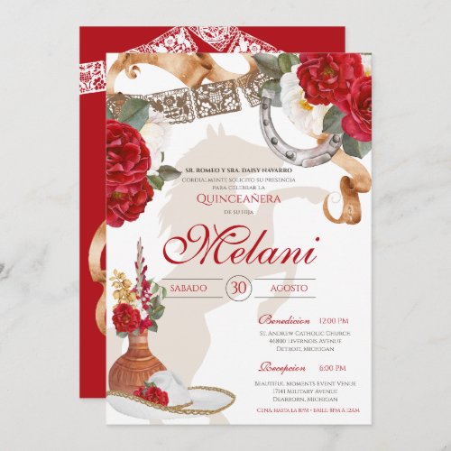 Red White Elegant Rose Charro Mariachi Quinceanera Invitation