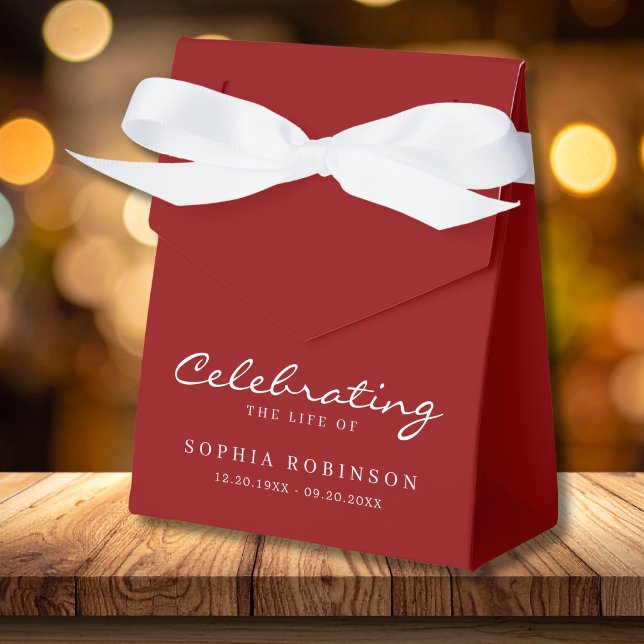 Red White Elegant Script Funeral Memorial Favor Boxes (Creator Uploaded)