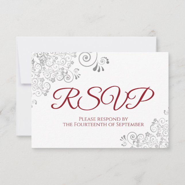 Red & White Elegant Silver Lace Wedding RSVP Card (Front)