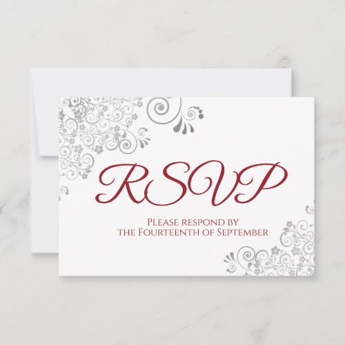 Red  White Elegant Silver Lace Wedding RSVP Card