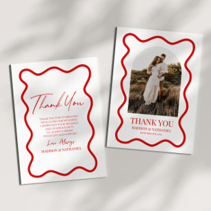 Red White Elegant Wavy Border Photo Wedding Thank You Card