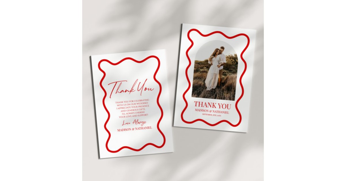 Red White Elegant Wavy Border Photo Wedding Thank You Card | Zazzle