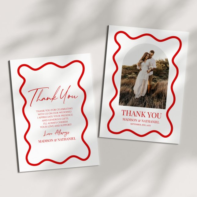 Red White Elegant Wavy Border Photo Wedding Thank You Card (Creator Uploaded)