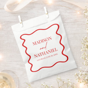 Red White Elegant Wavy Border Wedding Favor Bag