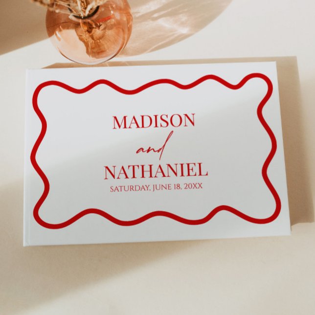 Red White Elegant Wavy Border Wedding Guest Book (Creator Uploaded)