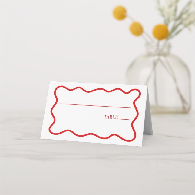 Red White Elegant Wavy Border Wedding Place Card (Front)