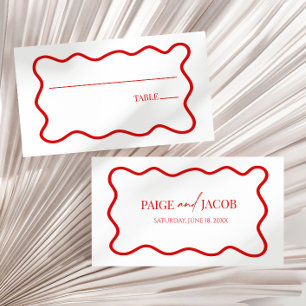 Red White Elegant Wavy Border Wedding Place Card