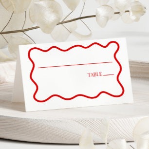 Red White Elegant Wavy Border Wedding Place Card