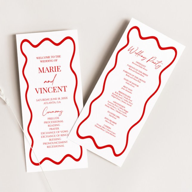 Red White Elegant Wavy Border Wedding Program (Creator Uploaded)