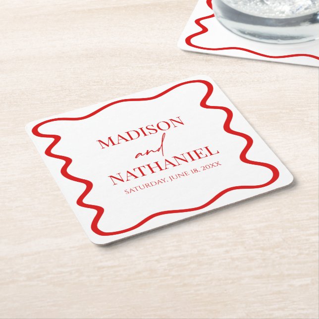 Red White Elegant Wavy Border Wedding Square Paper Coaster (Angled)