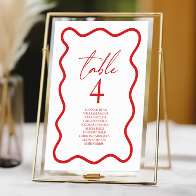 Red White Elegant Wavy Border Wedding Table Number (Creator Uploaded)