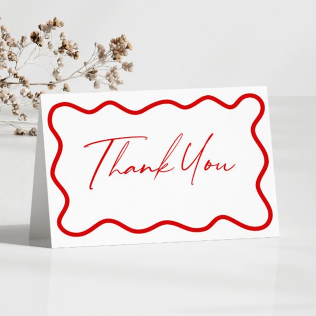 Red White Elegant Wavy Border Wedding Thank You Card (Creator Uploaded)