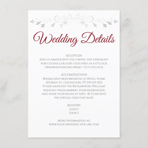 Red  White Elegant Wedding Details Enclosure Card