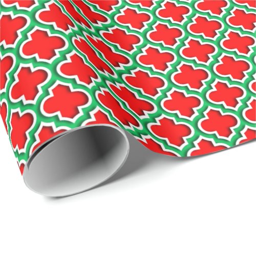 Red White Emerald Green Moroccan Quatrefoil 5DS Wrapping Paper