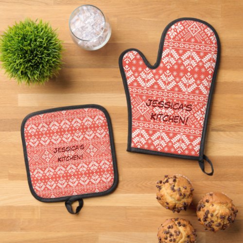 Red  White Fair isle Pattern Background Oven Mitt  Pot Holder Set