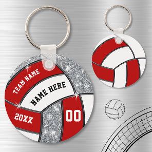 Red White Faux Silver Glitter Volleyball Keychains