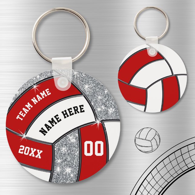 Red White Faux Silver Glitter Volleyball Keychains (Volleyball Keychains Cheap. Volleyball Goodie Bag Ideas. Volleyball Ball Party Favors Gifts.)