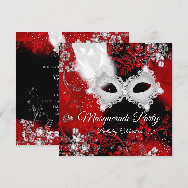 Red White Feathers Mask Masquerade Birthday Party Invitation (Front/Back)