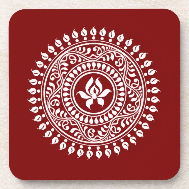 Red & White Festive Rangoli Beverage Coaster (Front)